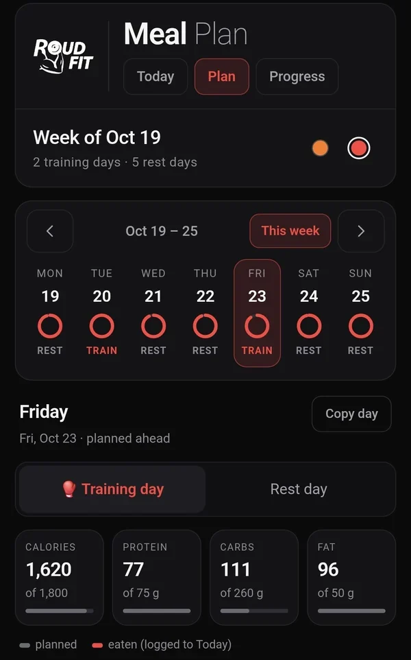 Roudfit meal plan app on a phone: training day in the week view, with daily calorie, protein, carb and fat targets