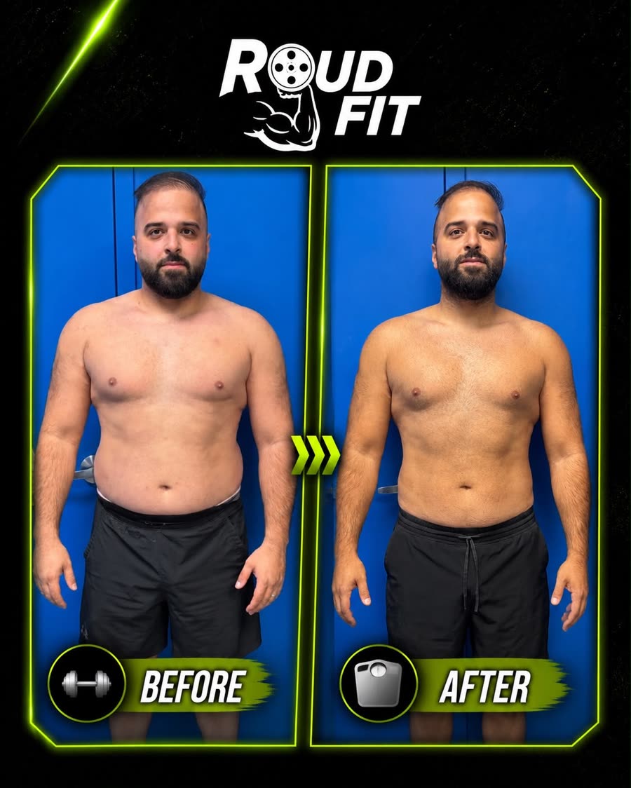 Before and after, front view: client went from 224 to 198 lbs in 4 months with Roudfit